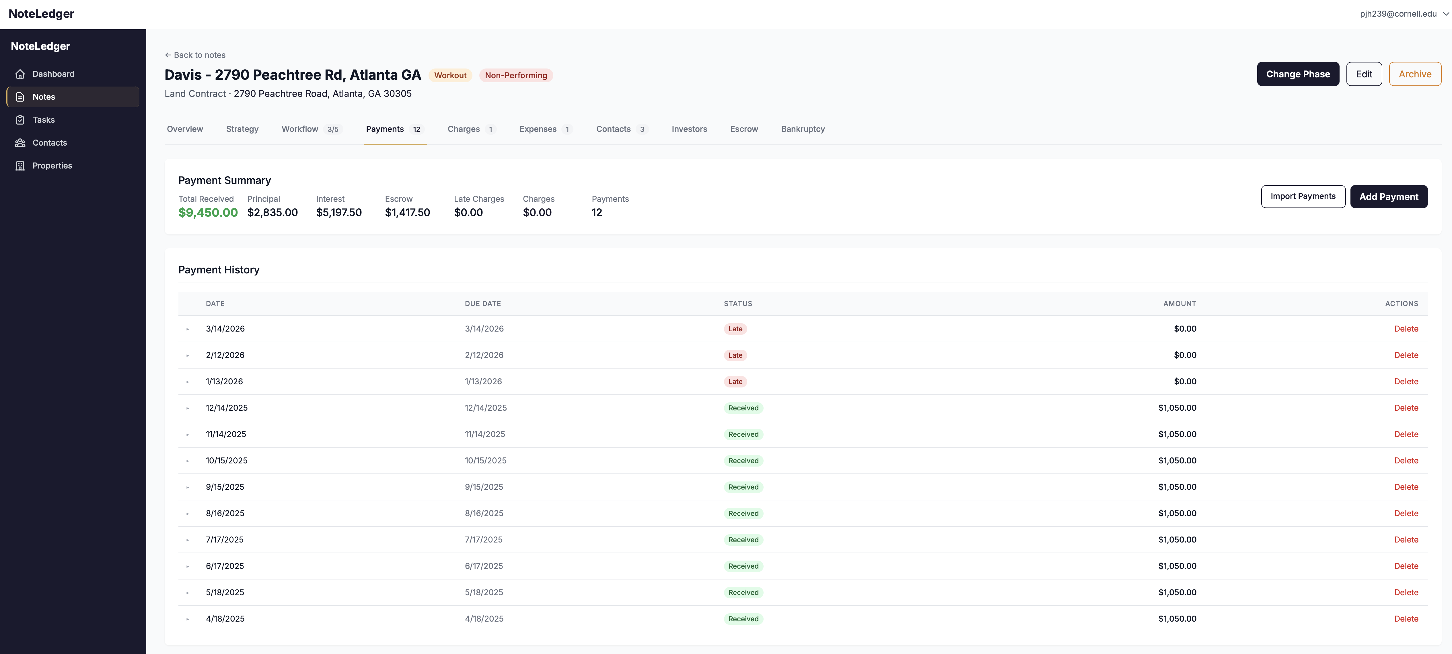 Note detail view showing payment summary and payment history