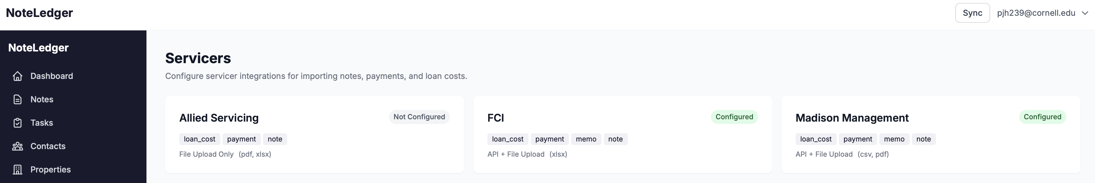 Servicer integrations page showing connected servicers